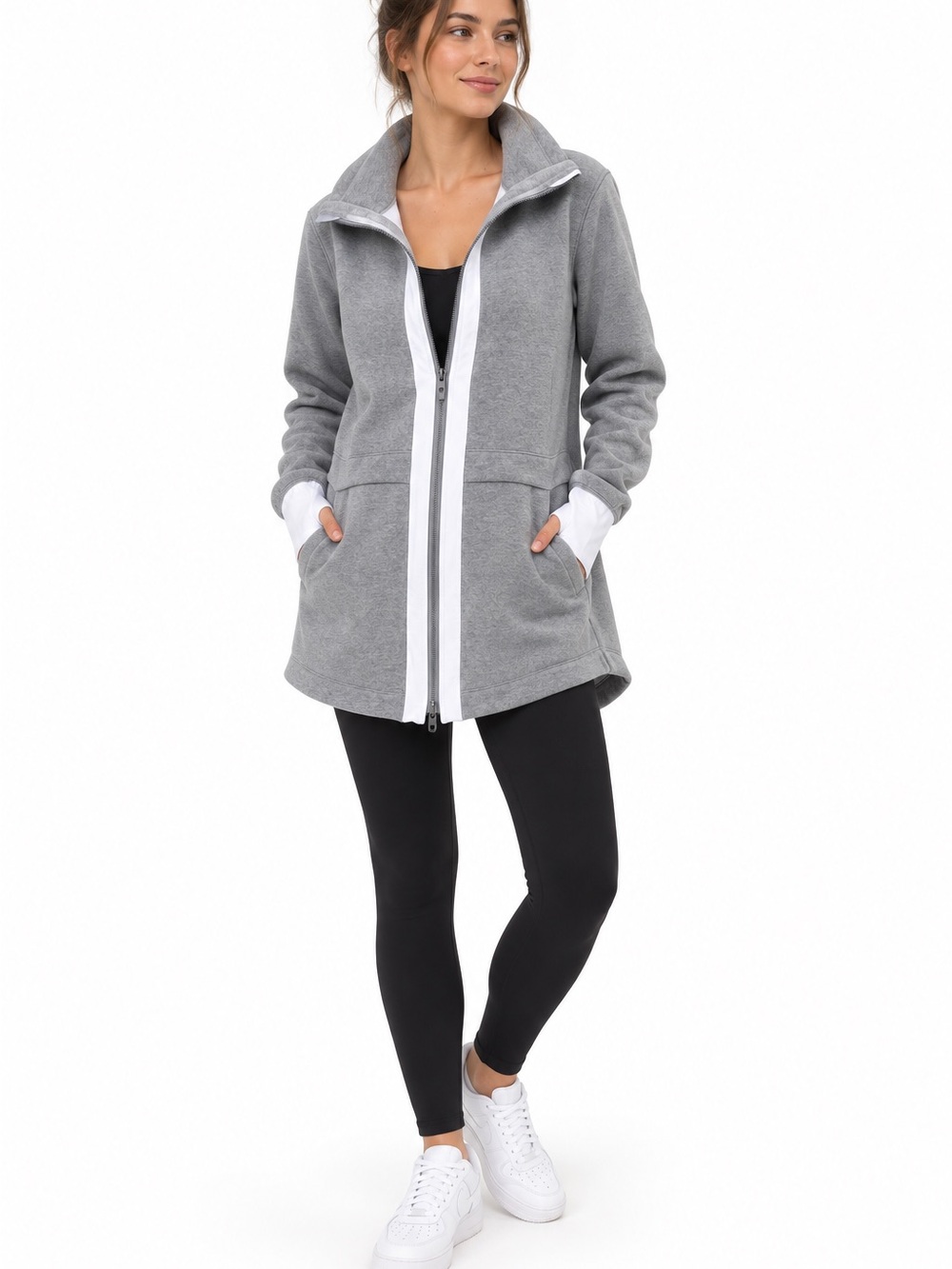 Lululemon Gray White Trim Longline Fleece-Lined Full Zip Jacket Size 6